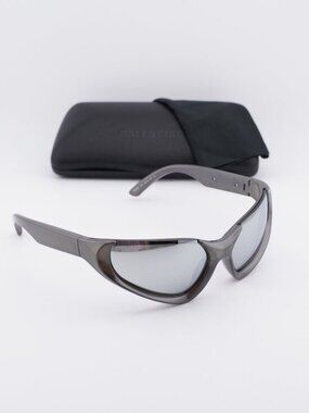 Balenciaga BB0202S 002 Unisex Geometric Sunglasses - Silver / Grey